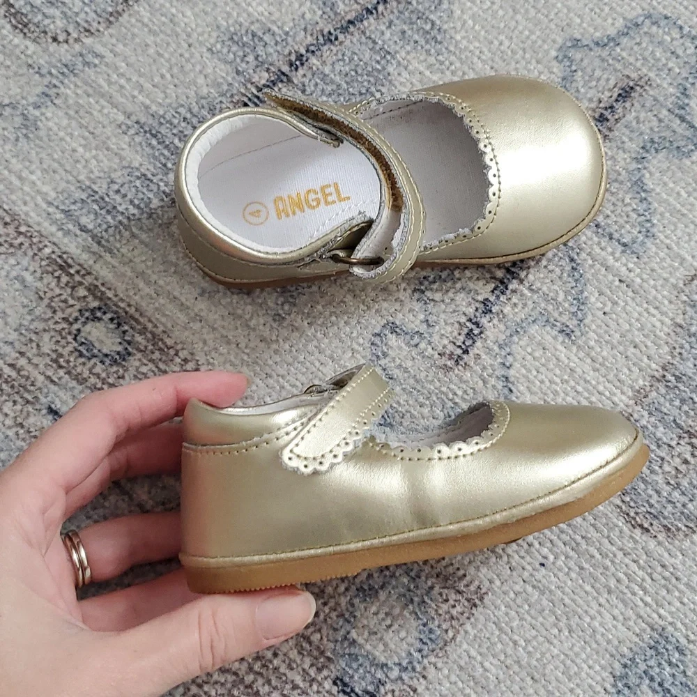 Angels L'Amour Baby Girls Cara Scalloped Mary Jane Gold Metallic Shoes Sz4